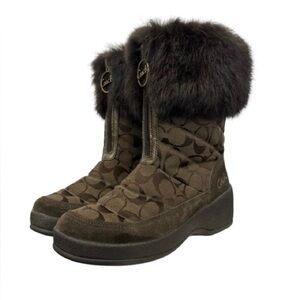 Coach Faith Winter Boots Brown Signature Monogram Faux Fur Trim | Size 5.5